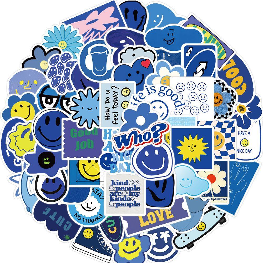 Conjunto de adesivos Blue Smiley Face, vinil impermeável, 59 unidades