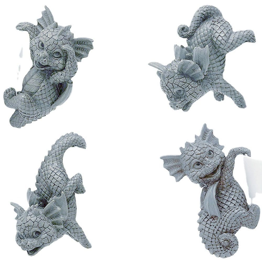 Conjunto de estátuas com decoração de jardim de dragão, 4 resinas de 2 a 15 cm