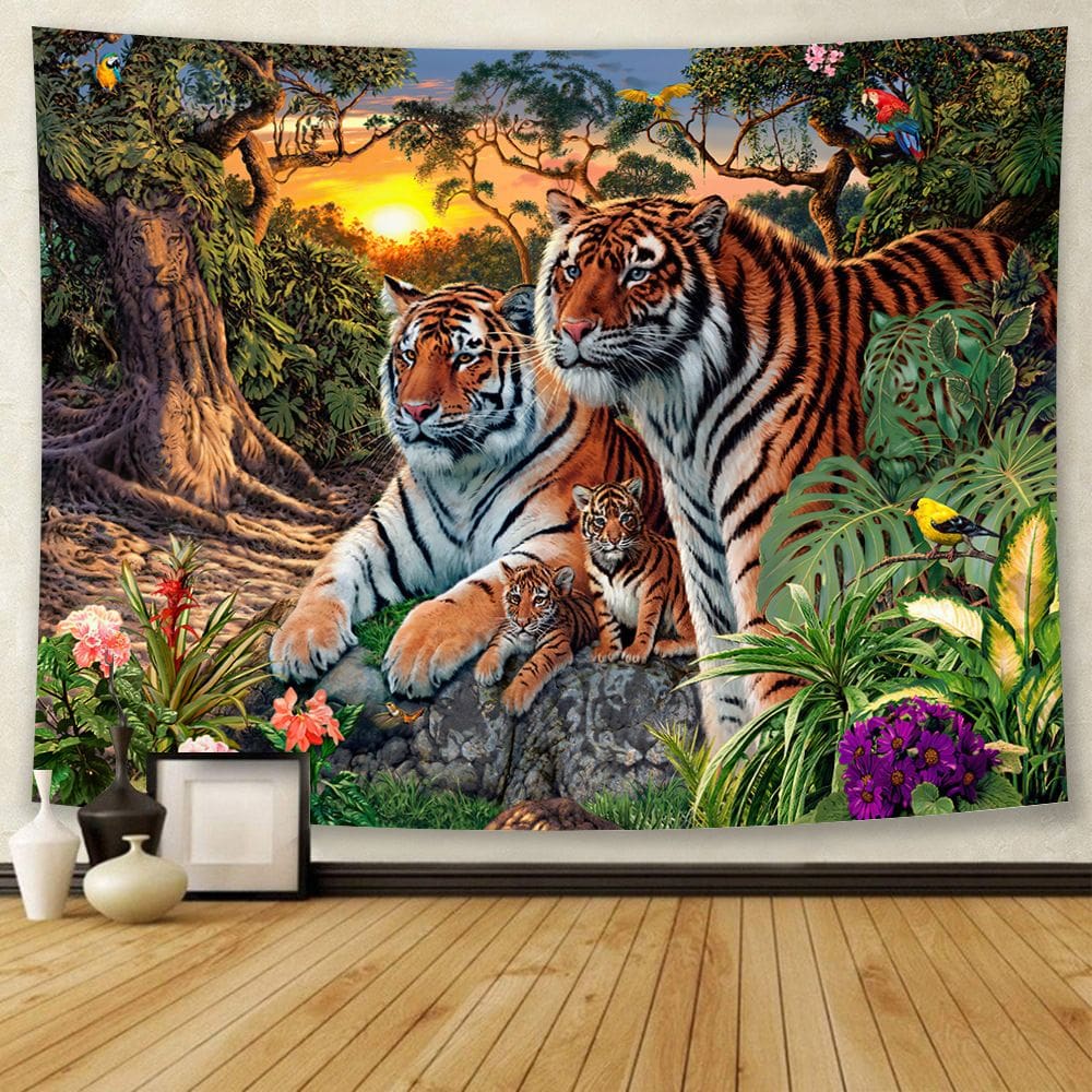 Tapeçaria para pendurar na parede Tiger Family, impressão 3D, flanela 150x130cm
