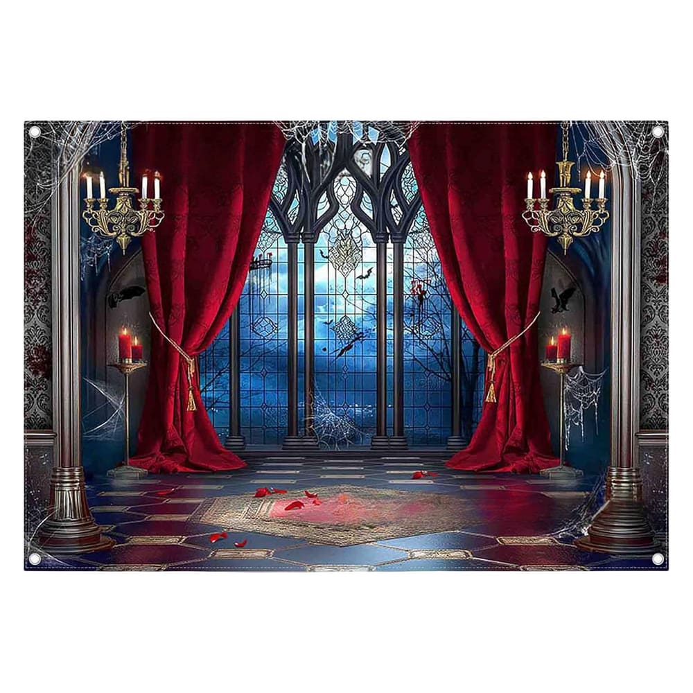 Tapeçaria pendurada na parede, castelo gótico de Halloween, mansão assombrada