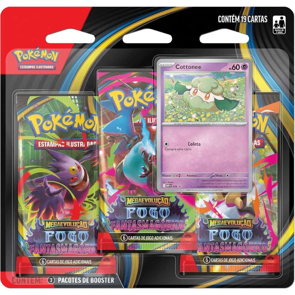 Blister Triplo Pokémon Me02 Fogo Fantasmagorico Cottonee Copag 19 Cartas