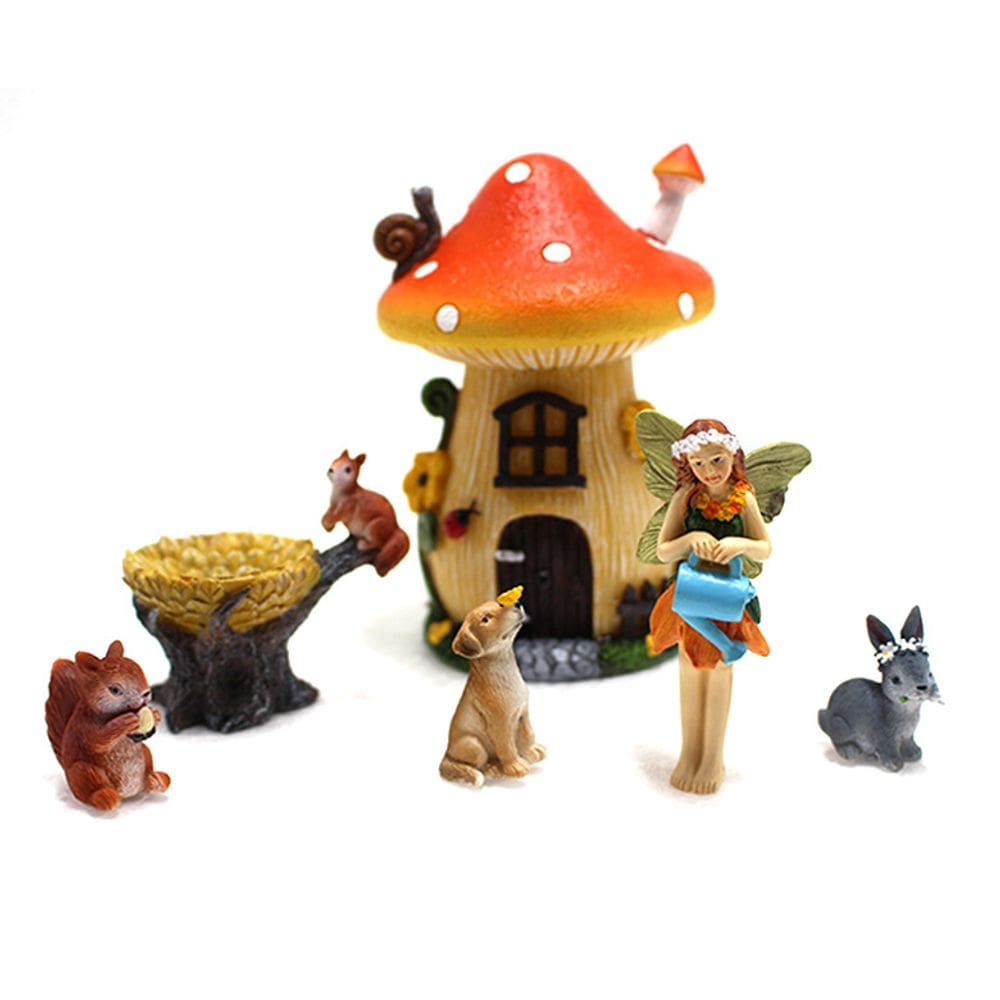 Conjunto de decoração de jardim, estatueta de fada de resina, Mushroom House