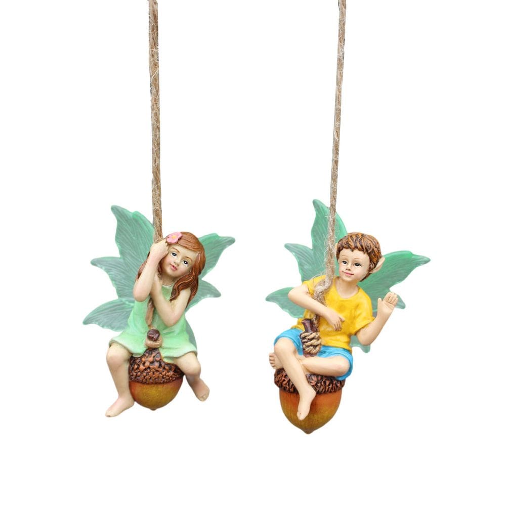 Conjunto de 2 esculturas de bolota Fairy Swing para decoração de jardim