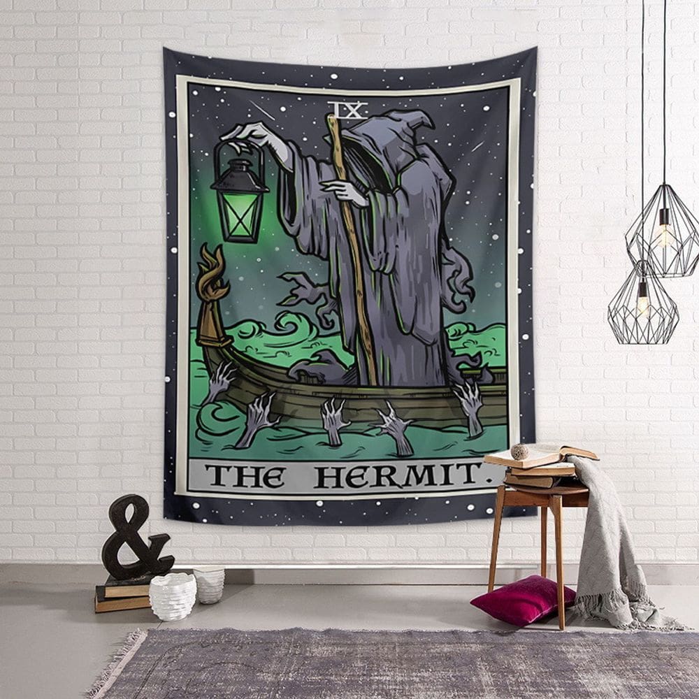 Tapeçaria para pendurar na parede Tarot Hermit Gothic Hooded Reaper 150x130cm