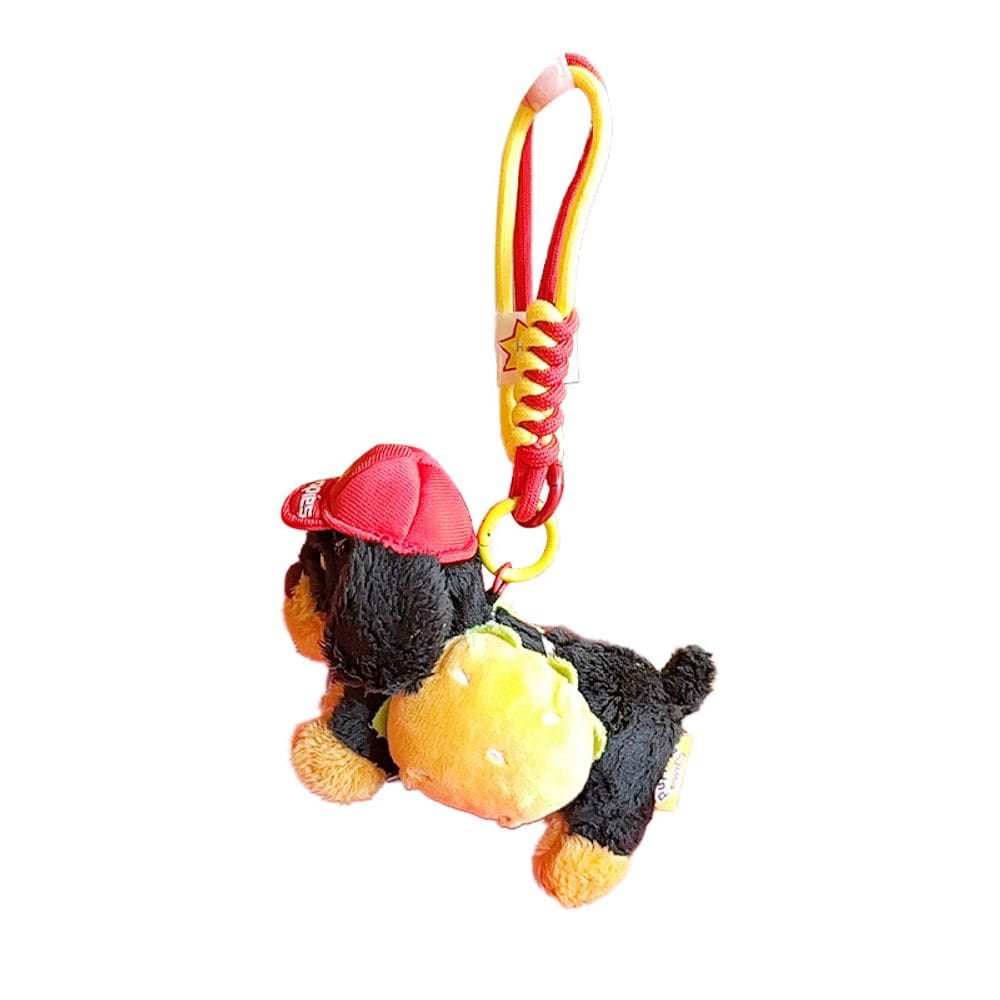 Chaveiro de pelúcia fofo para cachorro-salsicha com design de hambúrguer