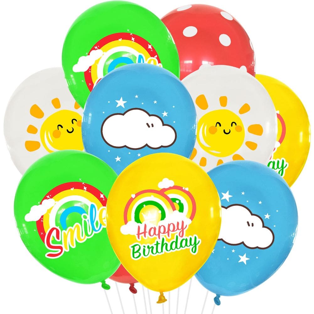 Conjunto de balões de látex com tema arco-íris, nuvem e sol x10 para crianças
