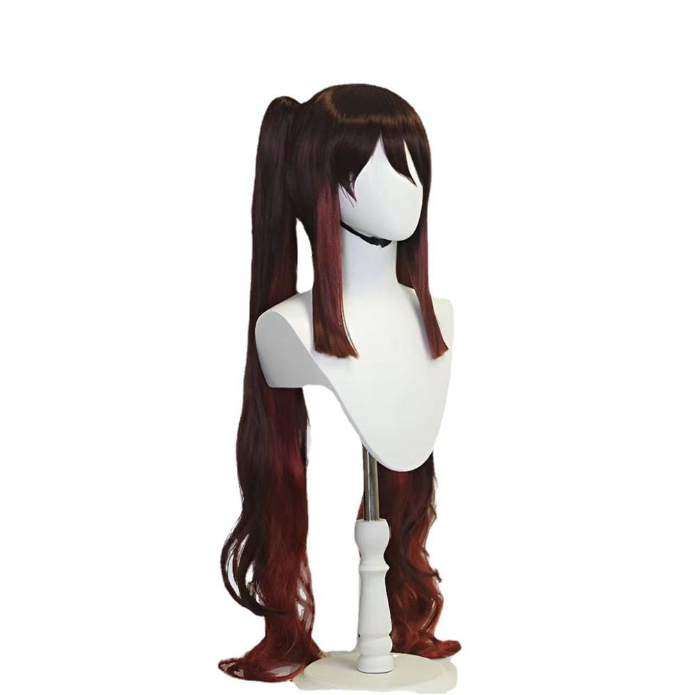 Peruca de cosplay com gradiente marrom de 80 cm de comprimento com rabos de cavalo duplos