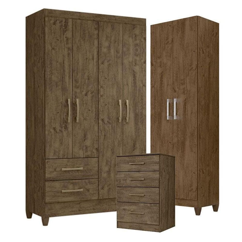 Guarda Roupa Solteiro Chile Com Cômoda Ms913 E Armário Multiuso New íris Castanho Wood - Moval