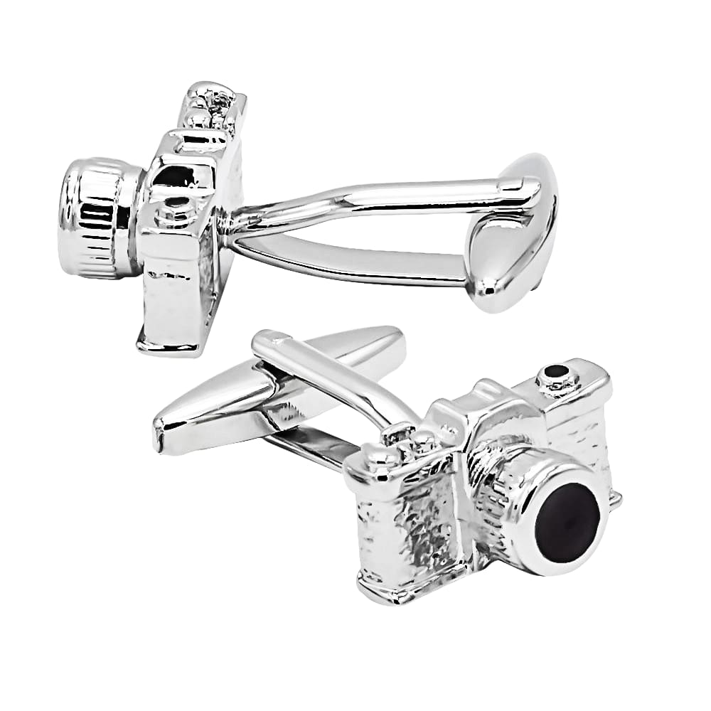 Cufflinks em forma de câmera com acabamento prateado em latão
