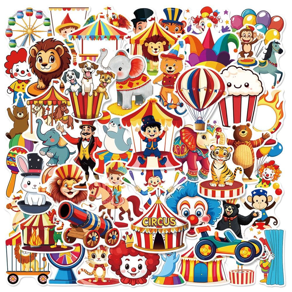 Adesivos Circus, 50 peças de vinil fofo de palhaço de desenho animado e animal