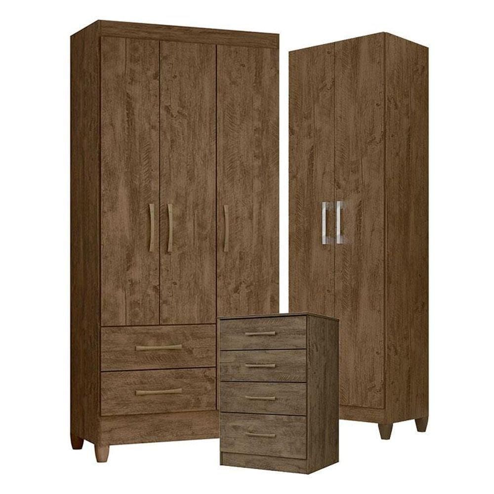 Guarda Roupa Solteiro Lima Com Cômoda Ms913 E Armário Multiuso New íris Castanho Wood - Moval