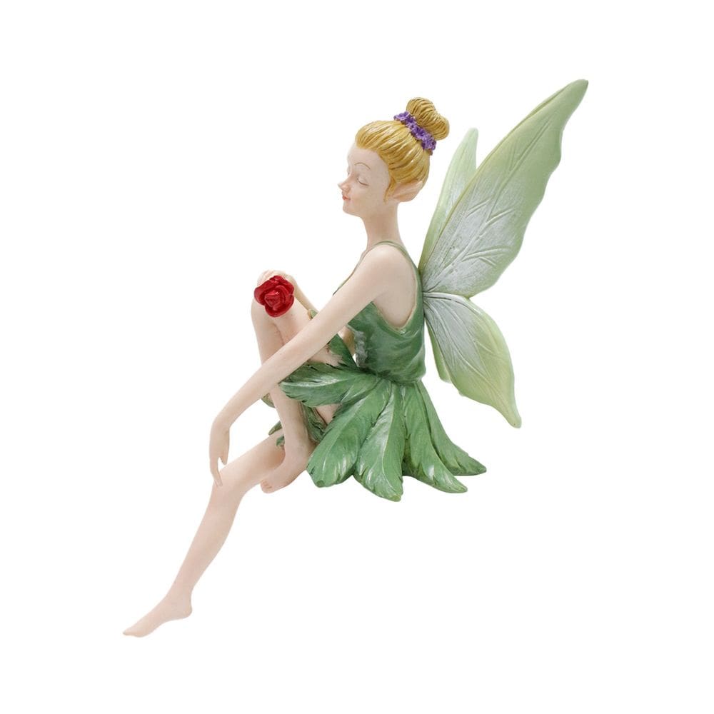 Estátua de jardim de resina colorida de fada sentada com rosa vermelha de 18 cm