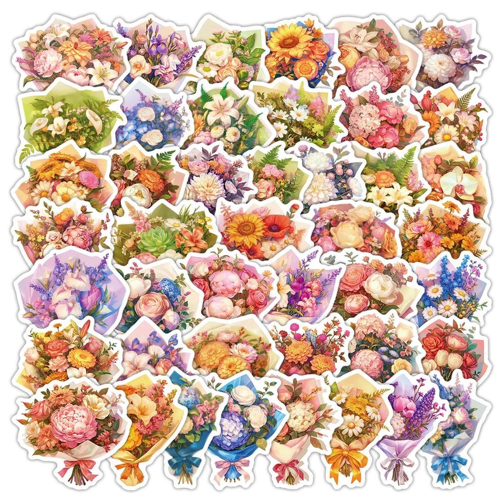 Pacote de adesivos, buquê de flores, 54 peças de vinil colorido de desenho animado