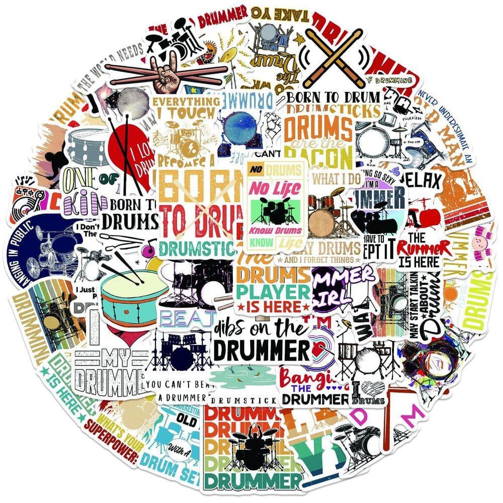 Adesivos de bateria, 50 peças, decalques de baterista, tambores de rock, impermeáveis