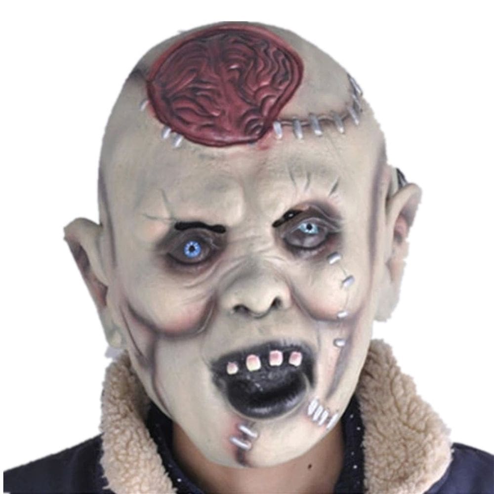 Máscara de resina facial com costura assustadora de zumbis expostos ao cérebro