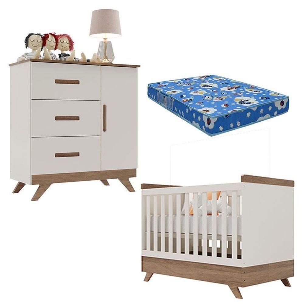 Berço Americano Vitória E Cômoda Retro Maya Off White Carvalho Com Colchão Ortobom - Carolina