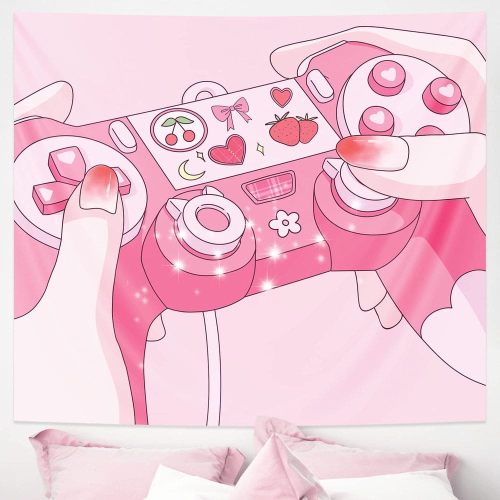 Tapeçaria para pendurar na parede uma linda garota rosa gamer 150 cm x 130 cm