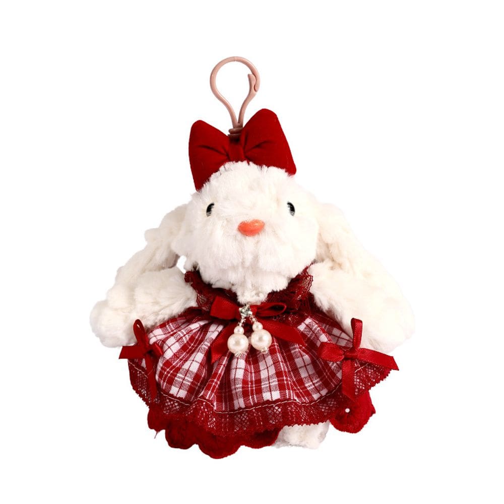 Chaveiro de pelúcia, coelhinho fofo com vestido vermelho e laço 17x20,5x8cm