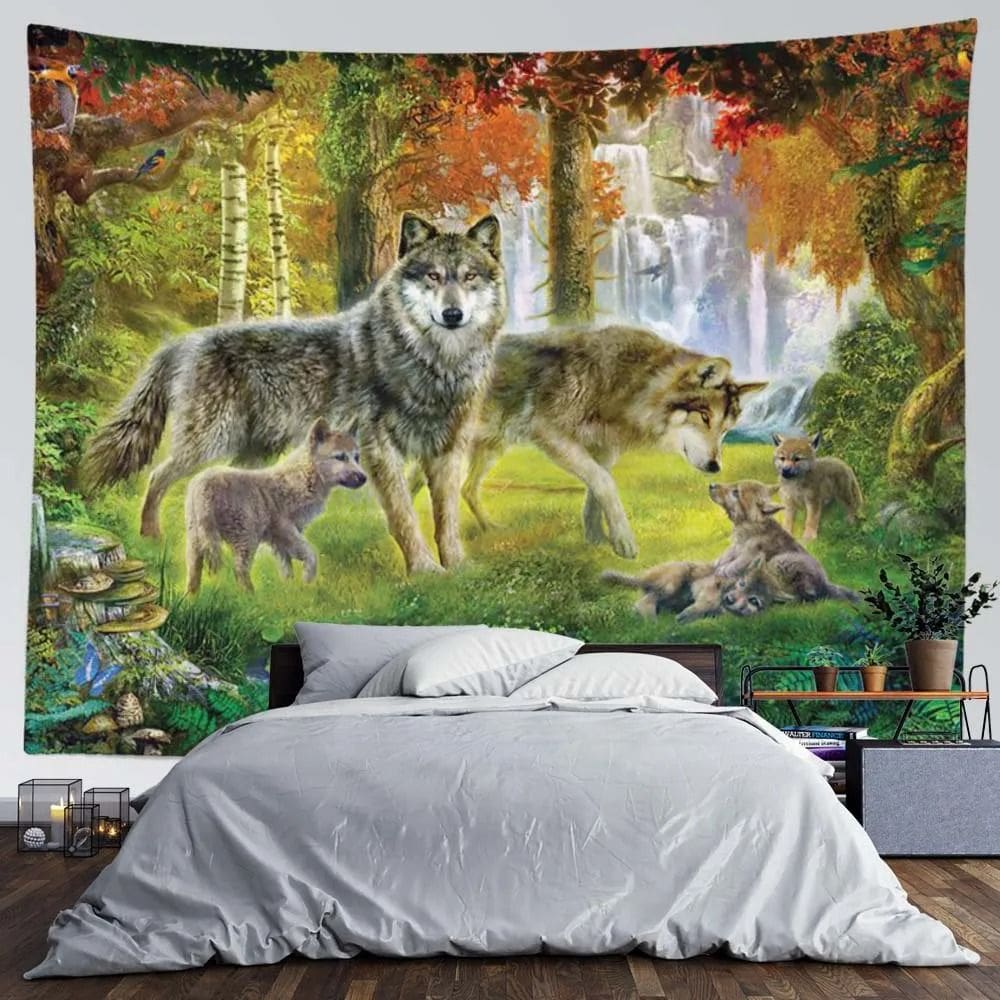 Tapeçaria pendurada na parede Wolf Family Forest Waterfall 150x130cm