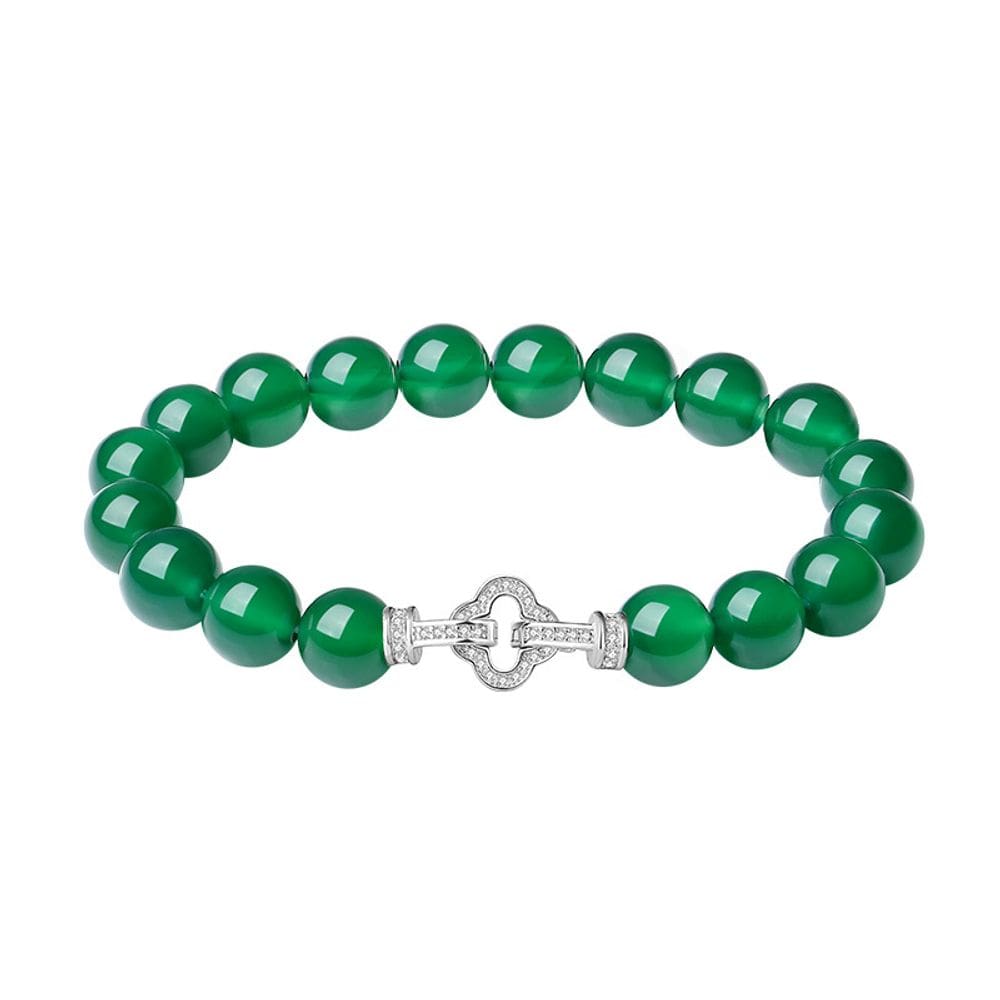 Pulseira de pérolas de ágata verde natural de 8 mm para mulheres com prata
