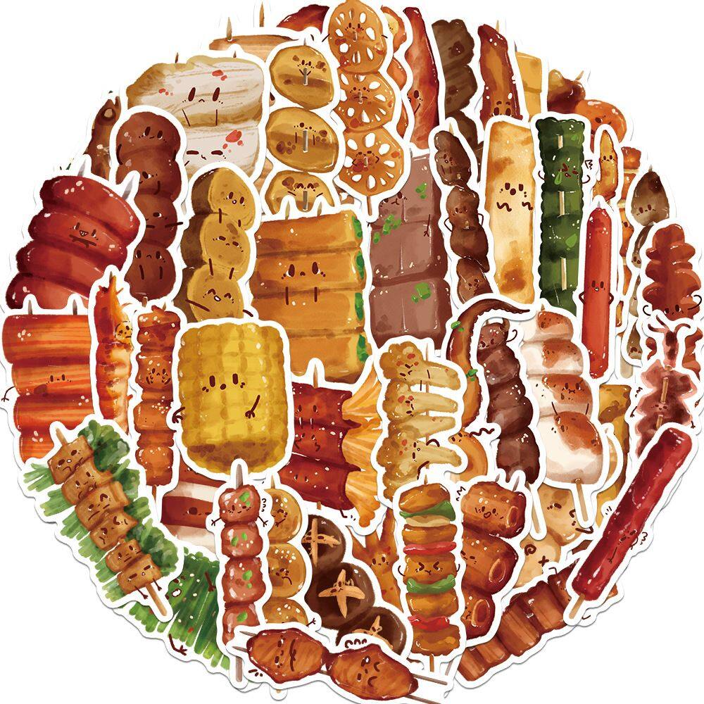 Pacote de adesivos Cartoon Churrasco Skewer Food 50 unidades à prova d`água