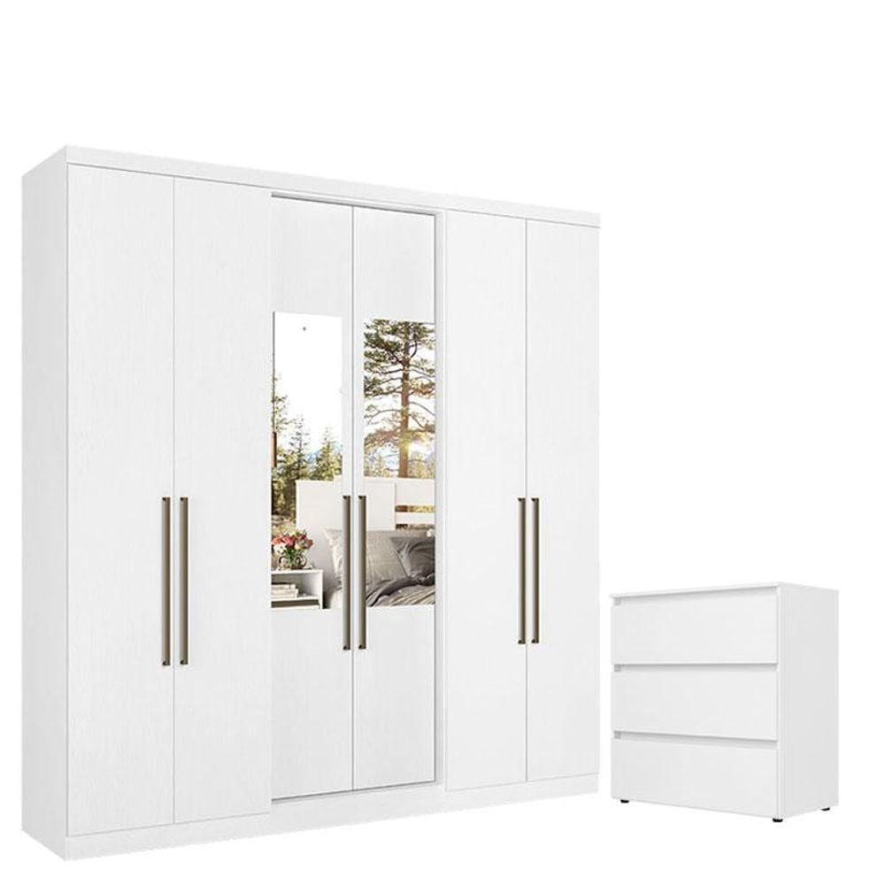 Guarda Roupa Casal Presence Glass 6 Portas Branco E Cômoda Gaveteiro Condessa Branco Acetinado - Thb