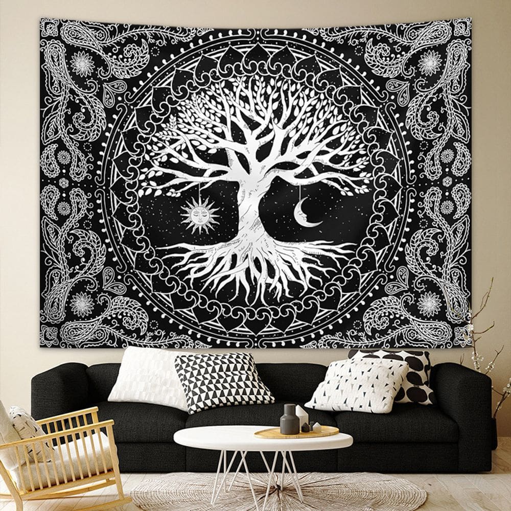 Tapeçaria para pendurar na parede Tree of Life preta branca 150x130cm