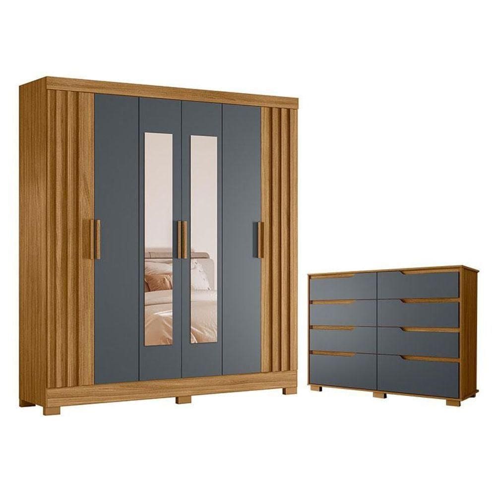 Guarda Roupa Casal Valença Com Espelho E Cômoda Georgia Freijó Cinza - Moval