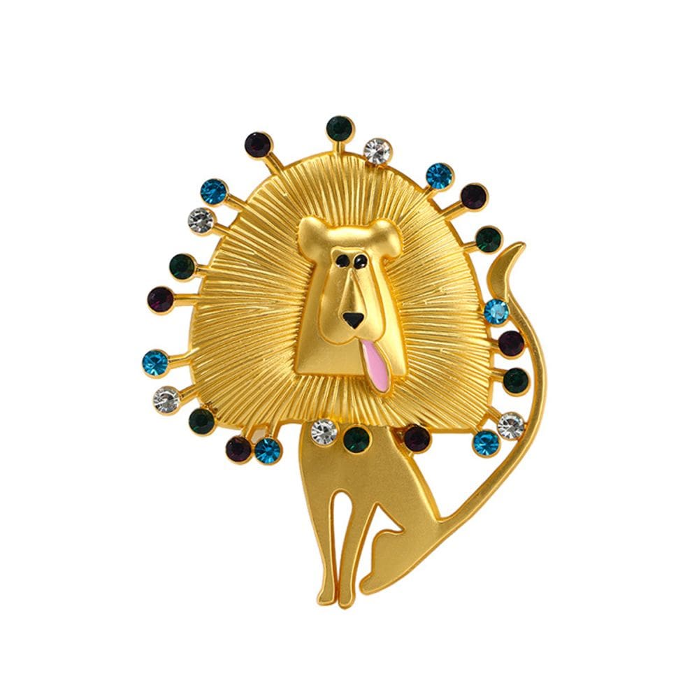 Broche Pin Vintage Gold Lion com strass coloridos