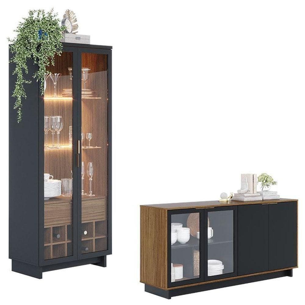 Cristaleira Guanabara Com Aparador Para Sala Buffet Vitória Noce Milano Preto Acetinado - Colibri
