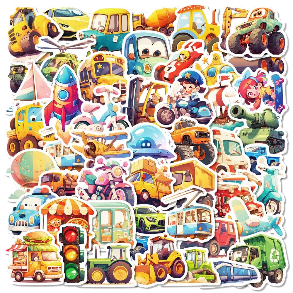 Conjunto de adesivos de desenho animado para veículos de brinquedo, 50 unidades para crianças, à prova d`água