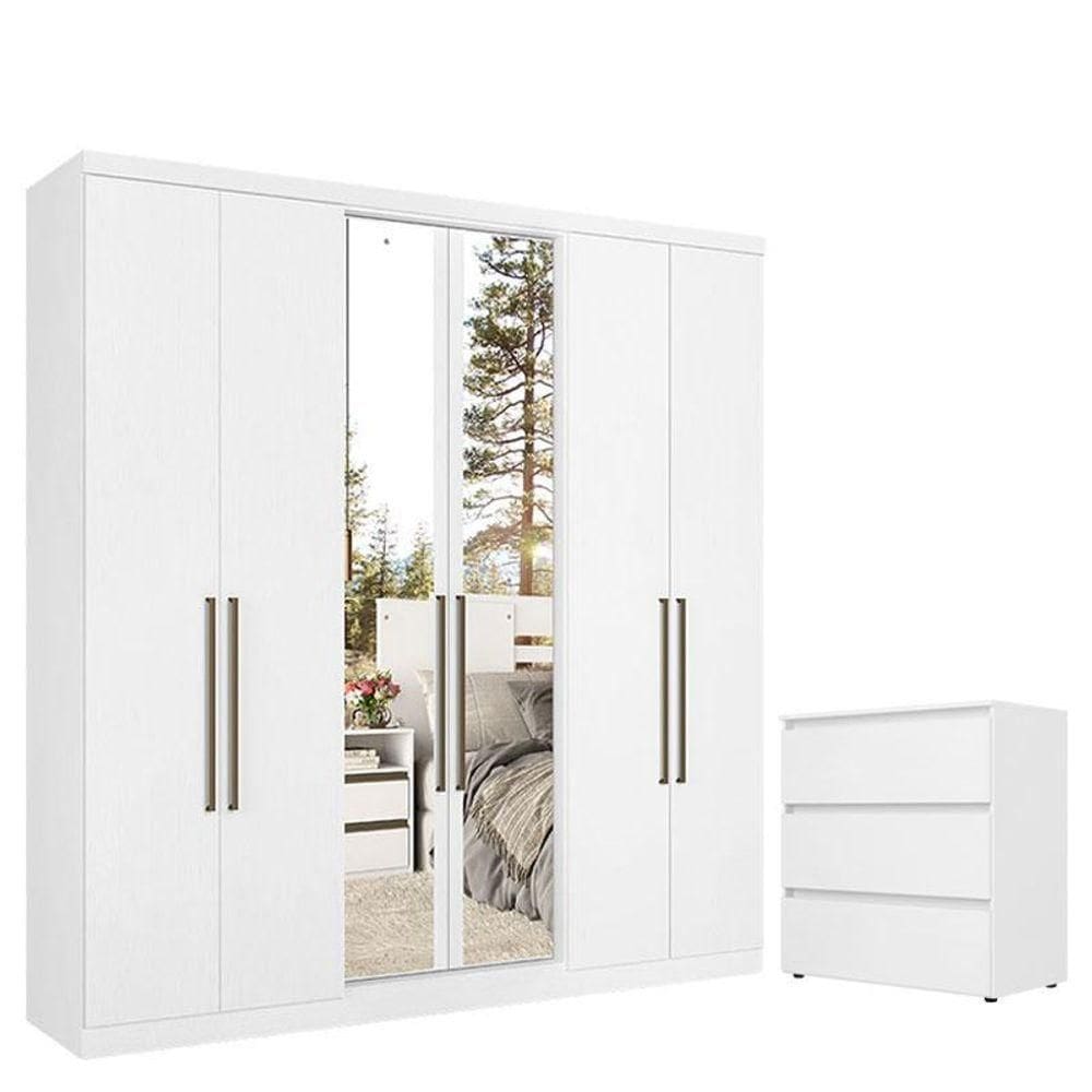 Guarda Roupa Casal Presence Full Glass 6 Portas E Cômoda Gaveteiro Condessa Branco Acetinado - Thb
