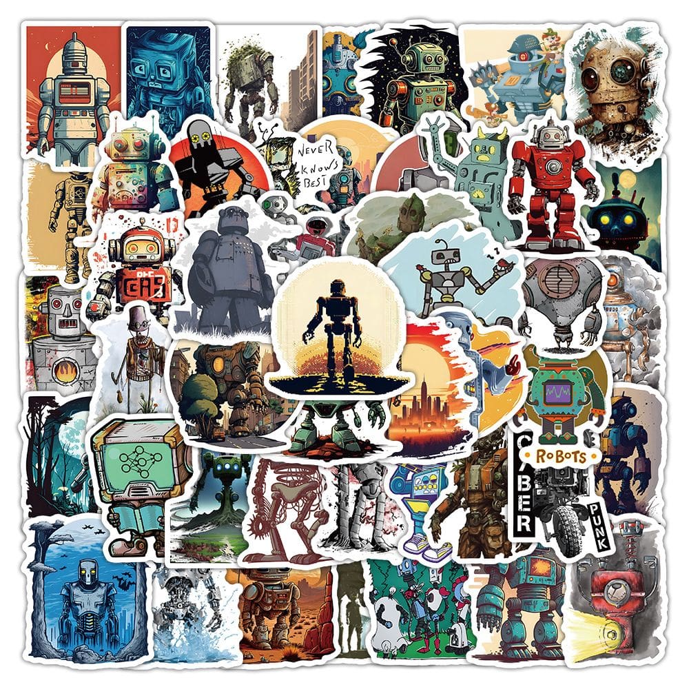 Pacote de adesivos Robot Theme, 50 peças de desenho animado futurista retrô