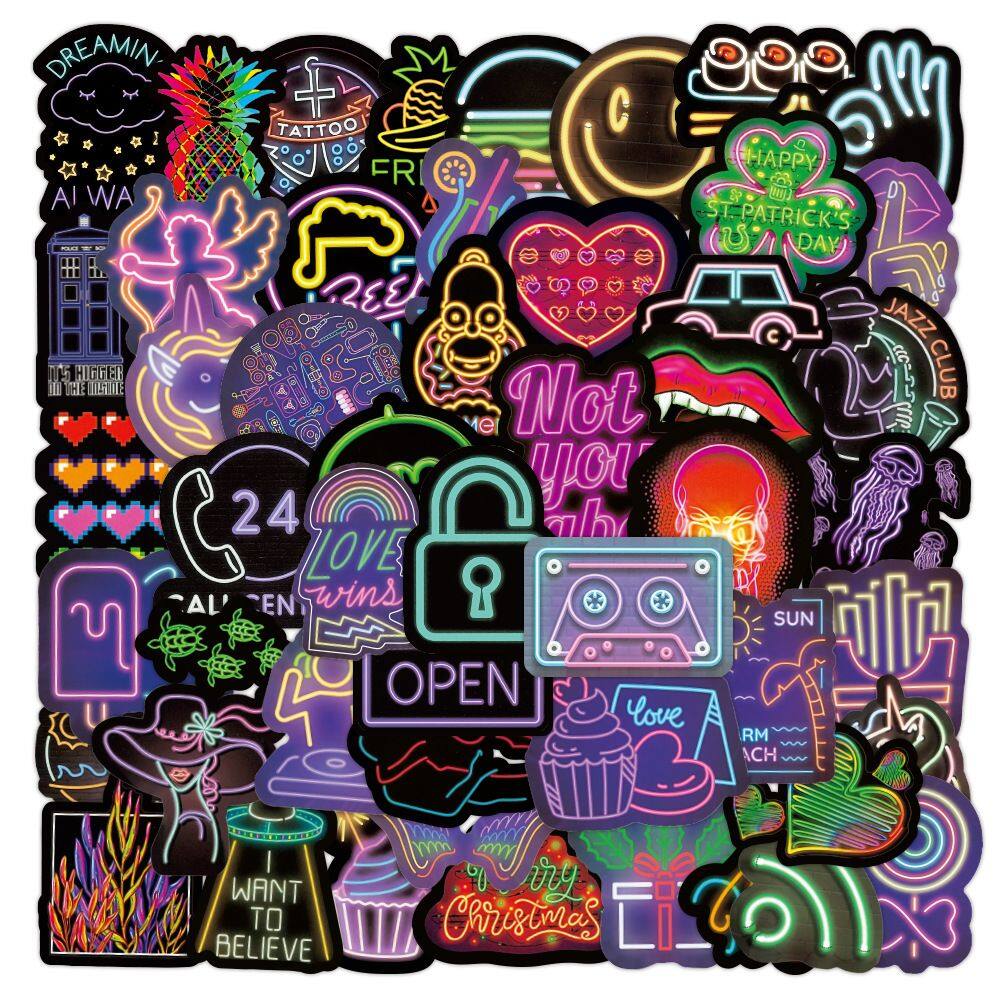 Pacote de adesivos Neon Graffiti, vinil impermeável, 50 unidades