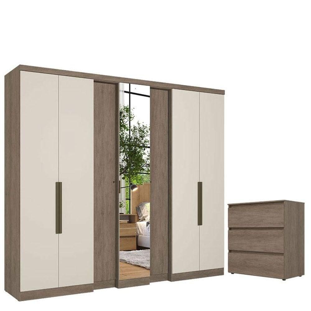 Guarda Roupa Casal Selecto Glass 7 Portas Rustic Off White E Cômoda Gaveteiro Condessa Rustic - Thb