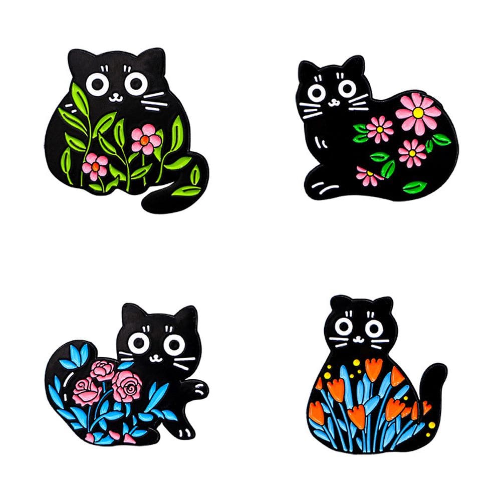Conjunto de broches, blusa de flores de gato preta de desenho animado para mulheres