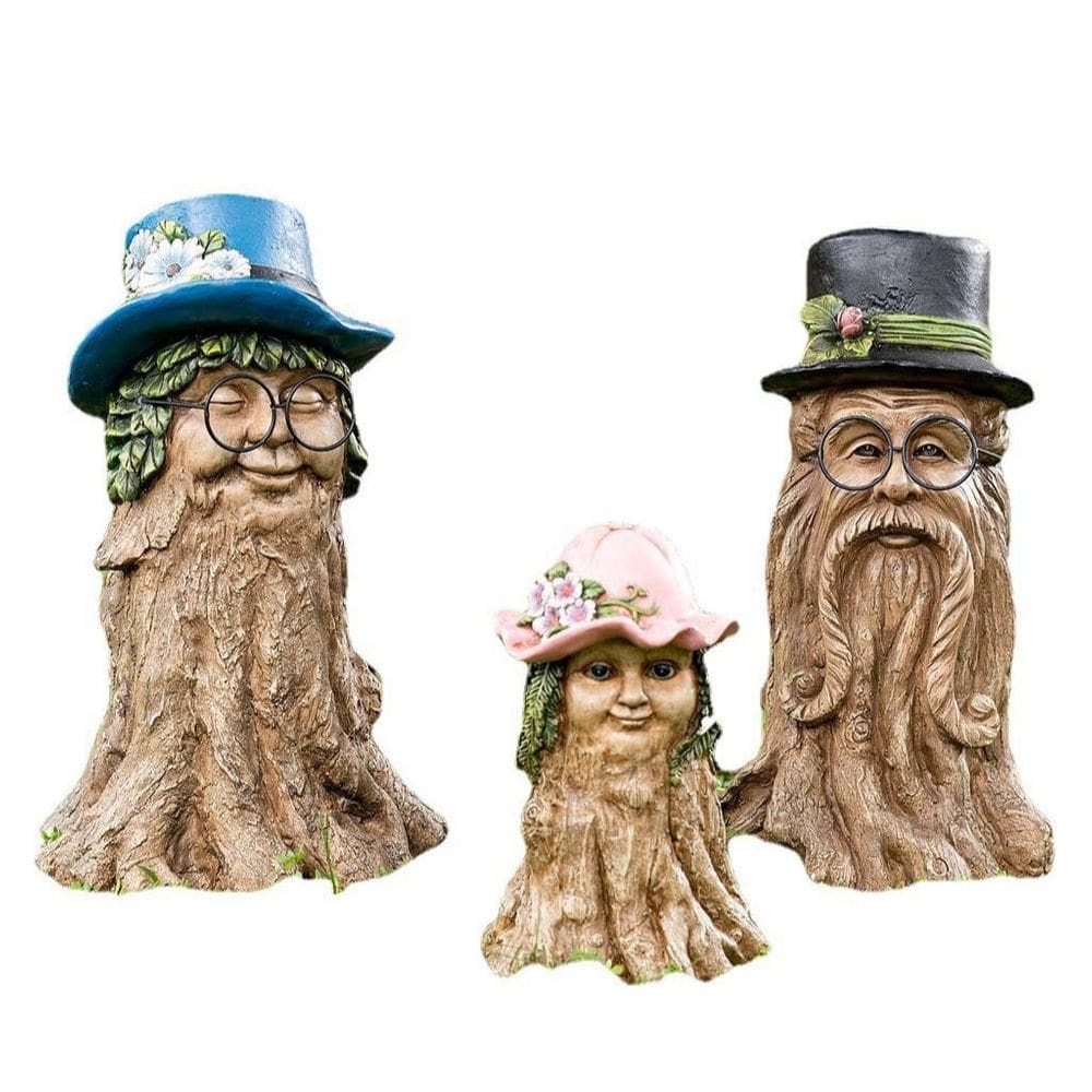 Decoração de jardim, toco de árvore, escultura familiar, resina de 18 cm