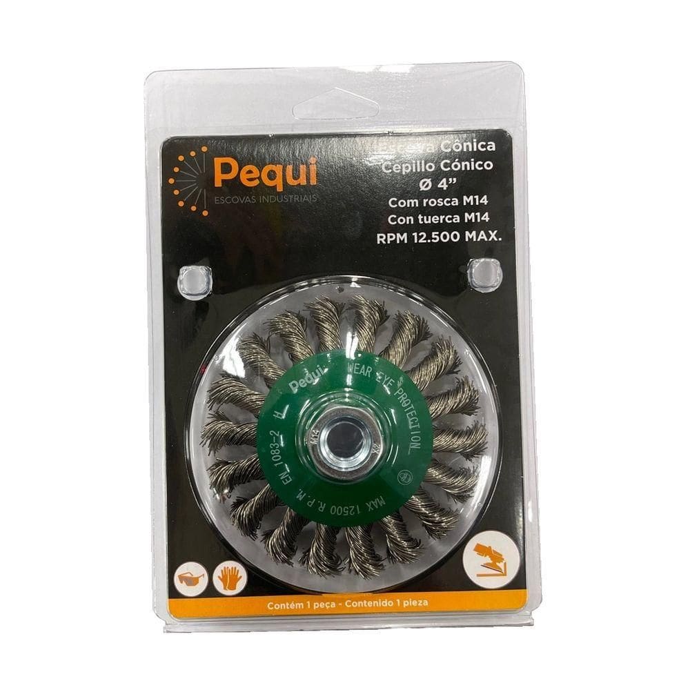 Escova Cônica Aço Inox Trançado 100mm Rosca M14