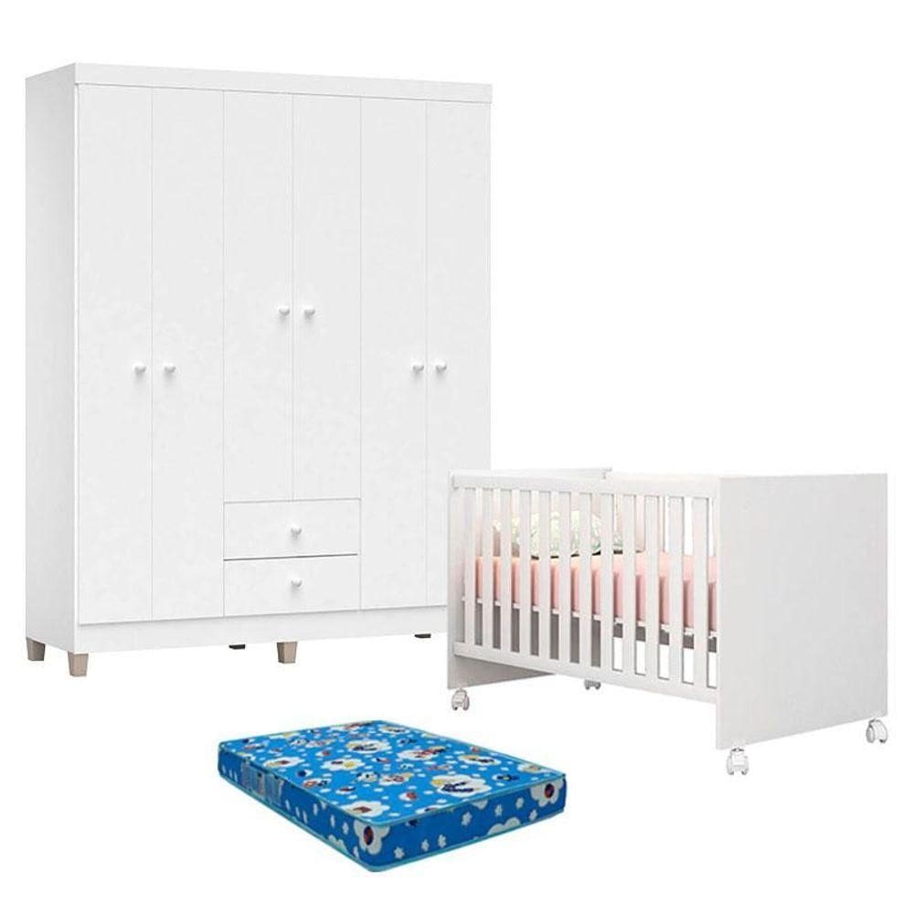 Berço Americano Doce Sonho 100 E Guarda Roupa 6 Portas Ternura Baby Branco Brilho Com Colchão Ortobom - Incorplac