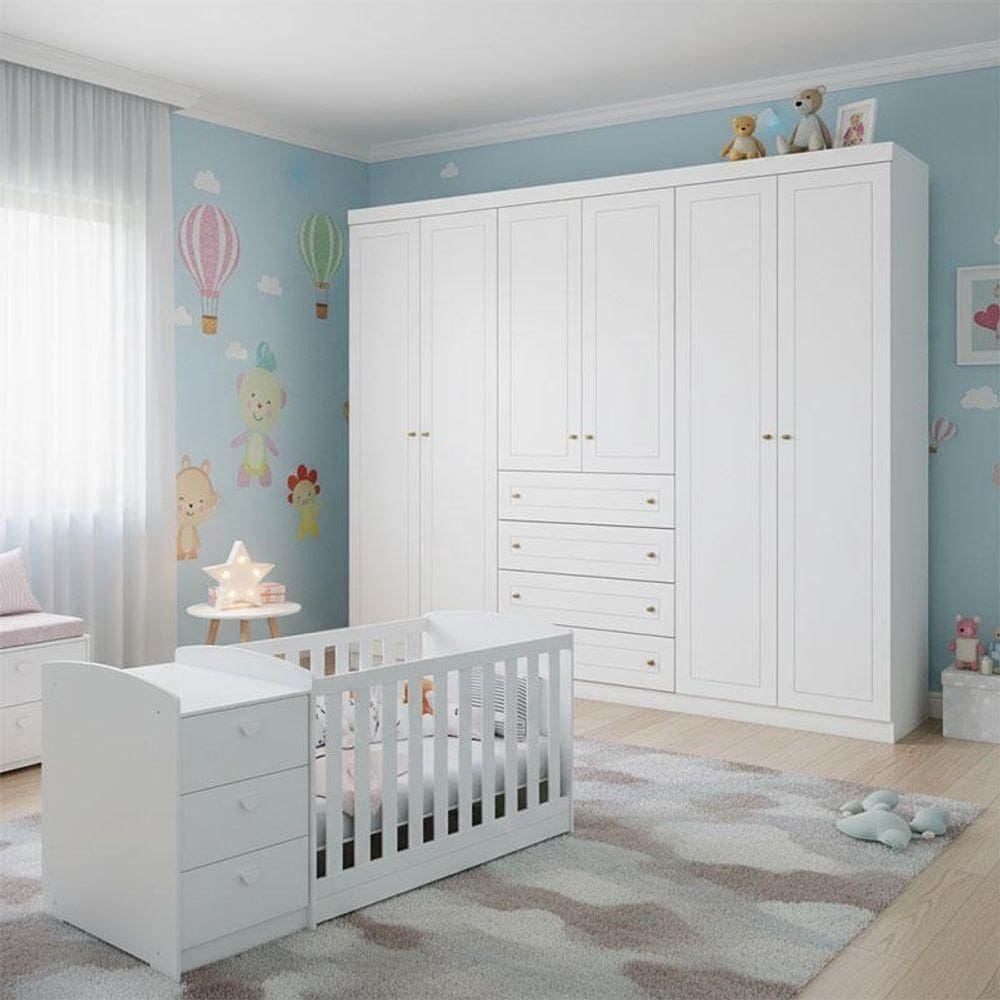 Berço Multifuncional Atlanta E Guarda Roupa 6 Portas Americano Ambiente Branco Fosco Henn - Reller