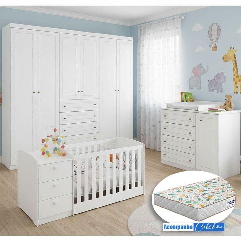 Quarto Infantil Americano 6 Portas Com Berço Multifuncional Atlanta Ambiente Branco Fosco E Colchão Gazin - Reller