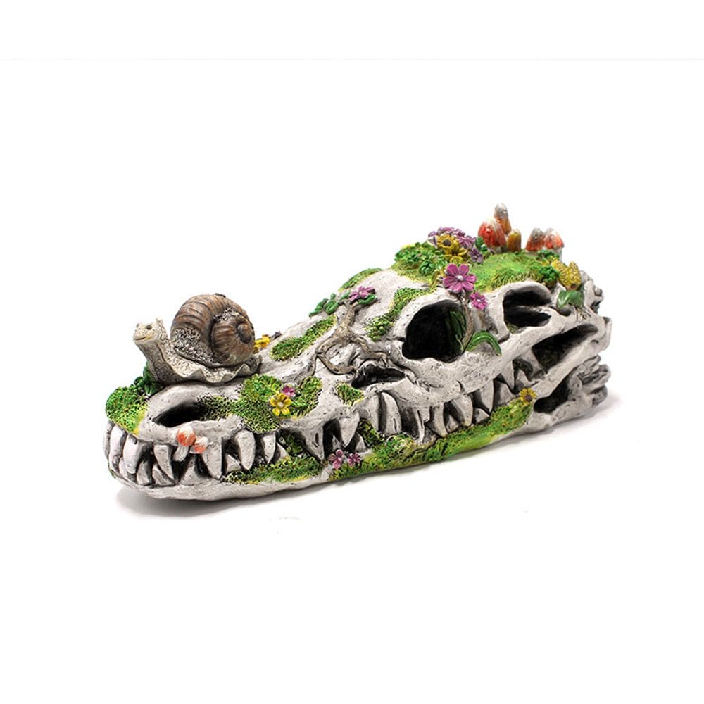 Escultura de crânio de dinossauro em resina para decoração de jardim com flor
