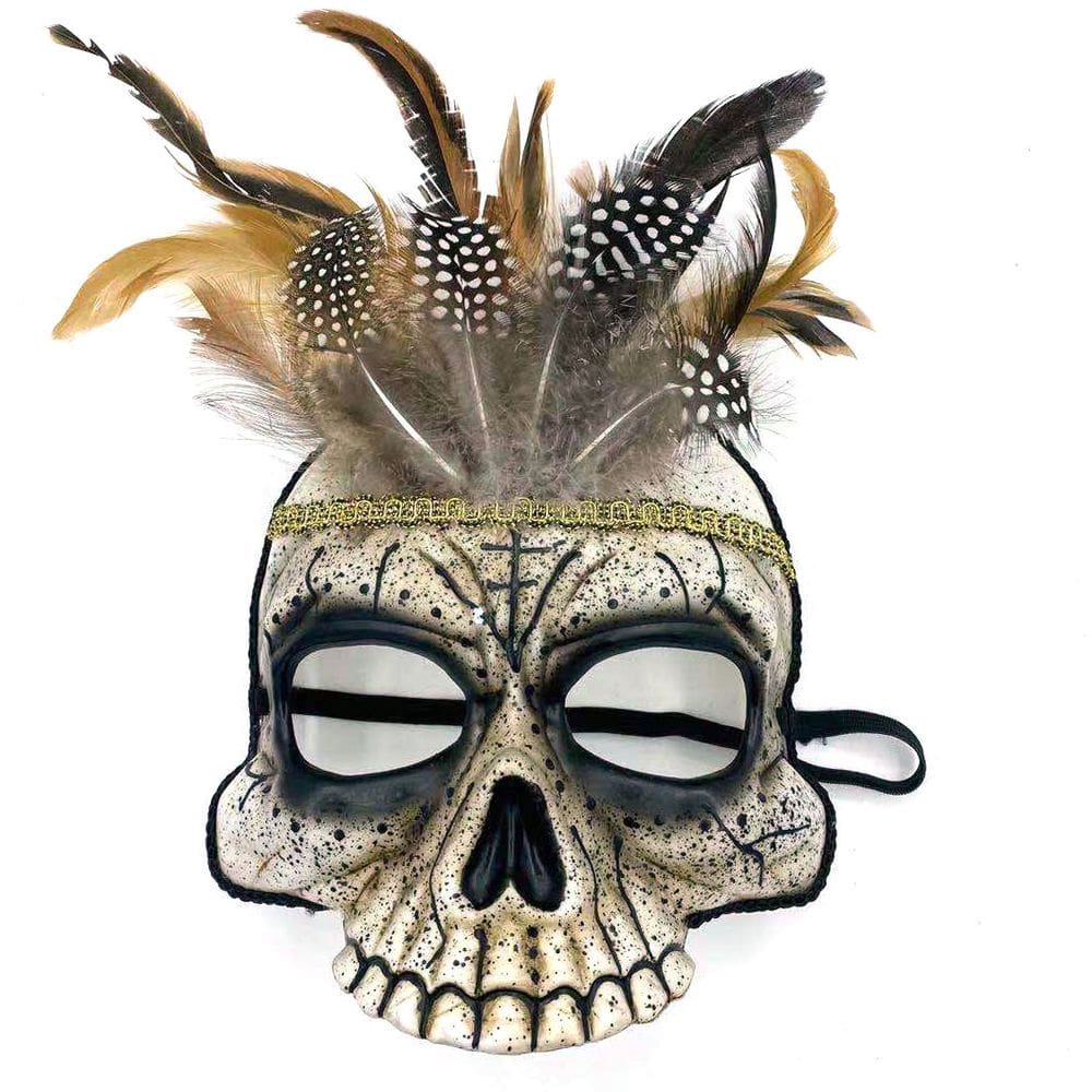 Máscara Skull Indian Feather PVC Tribal Half Face, tamanho único