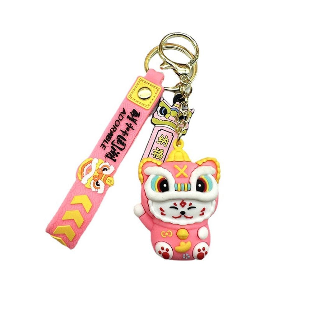 Chaveiro Cute Pink Lion Dance Lucky Cat Chaveiro de PVC