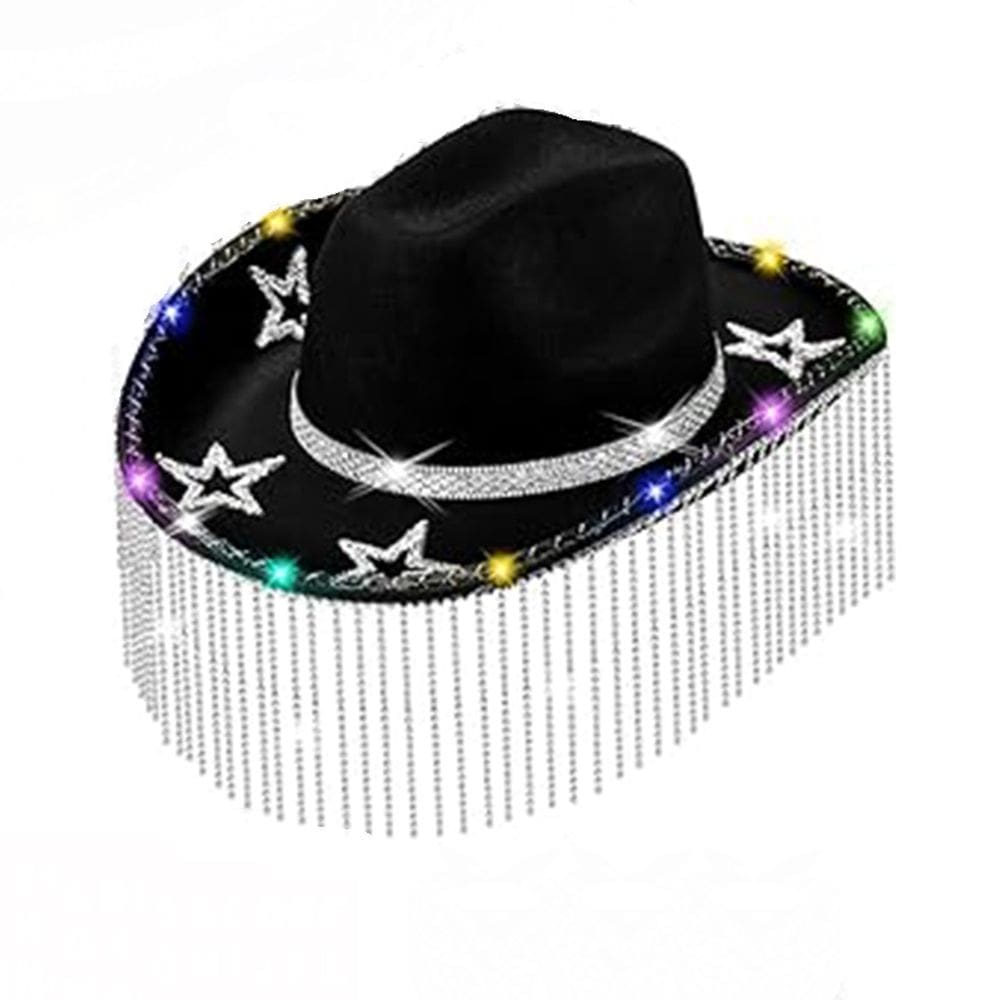 Chapéu de cowboy preto com luzes LED, estrelas de strass e borlas
