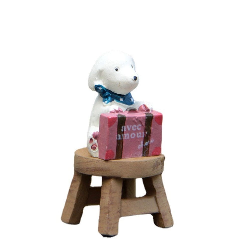 Cão de resina criativa de escultura sentado em banquinho com caixa de presente