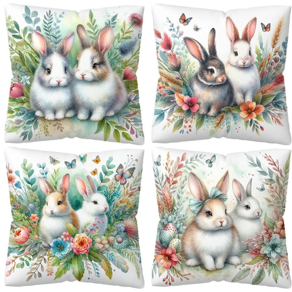 Conjunto de capas de almofada Easter Bunny Watercolor Floral Rabbi x4