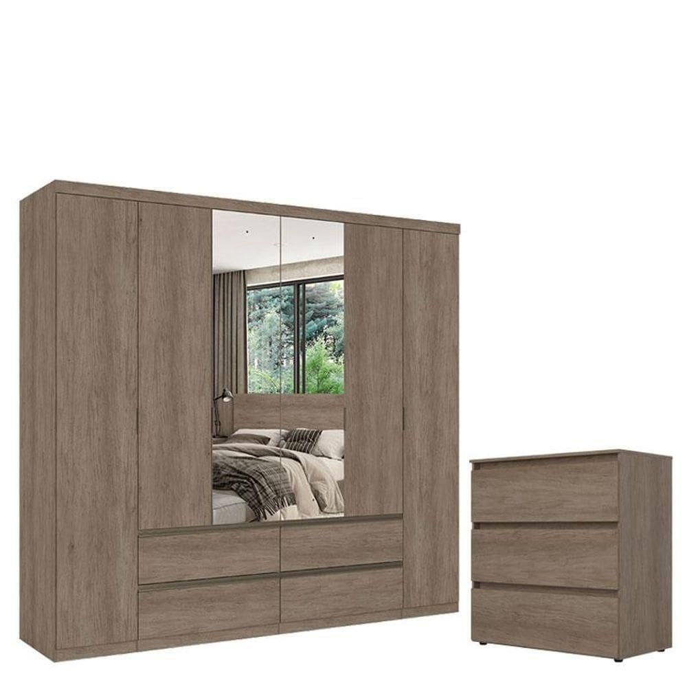 Guarda Roupa Casal Nobre 6 Portas Glass E Cômoda Gaveteiro Condessa Rustic Acetinado - Thb