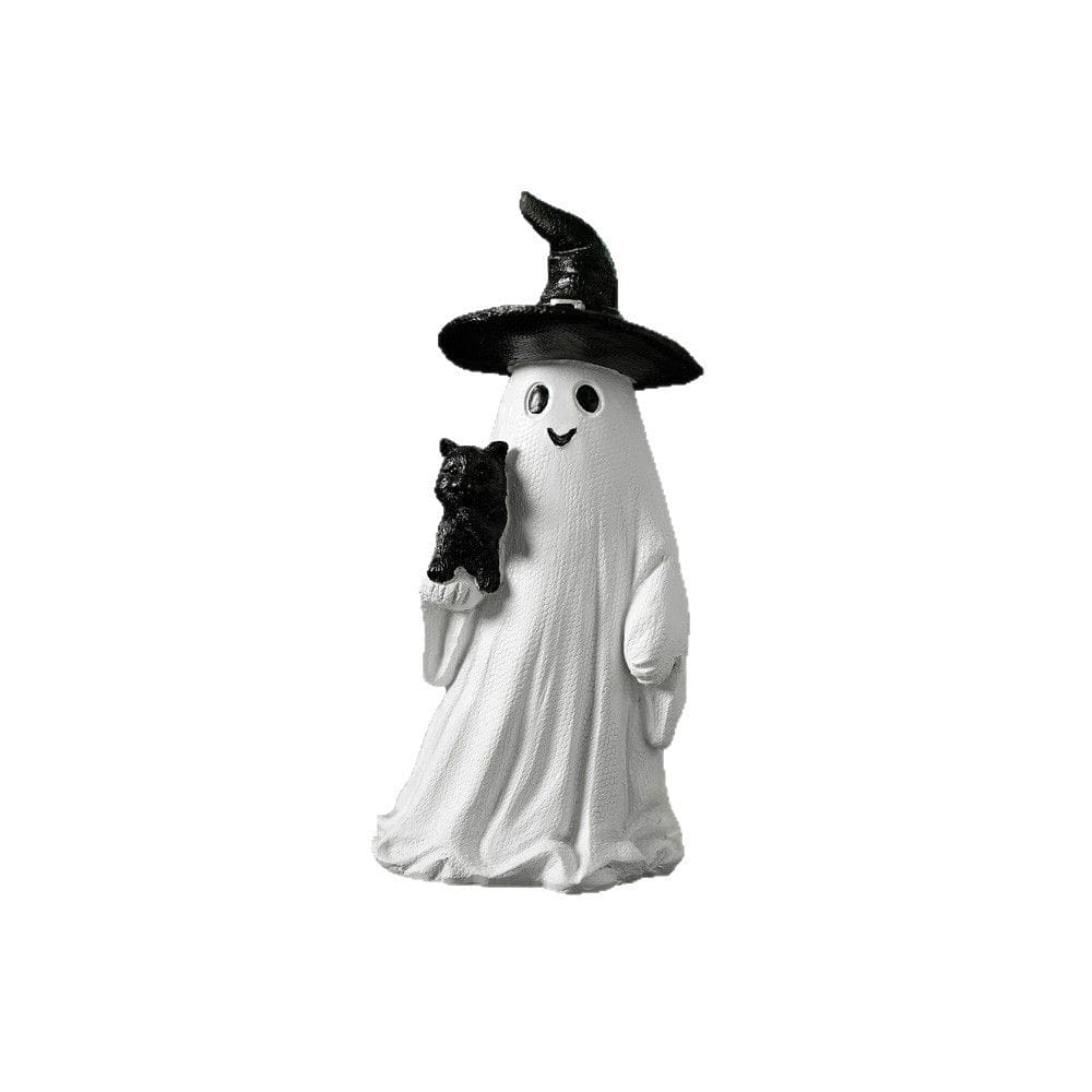 Estátua de gato segurando fantasma de Halloween, decoração de jardim em resina, 17 cm