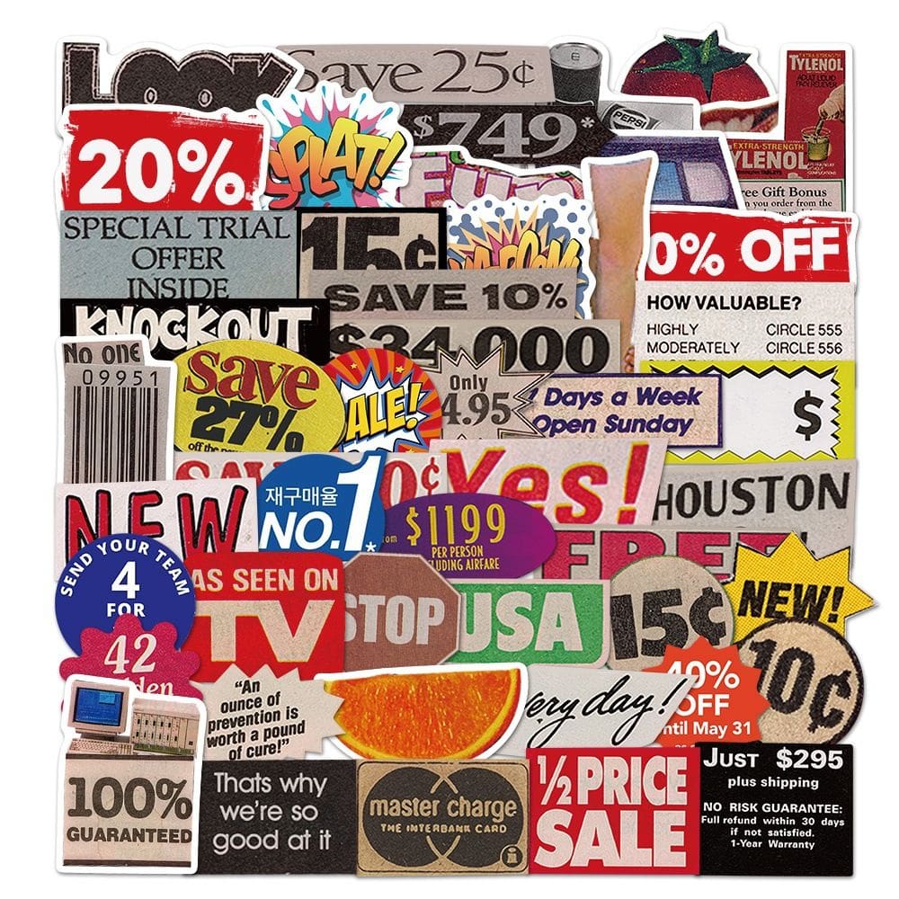 Pacote de adesivos Pop Art Sale 50 unidades Retro Promotional Typogr